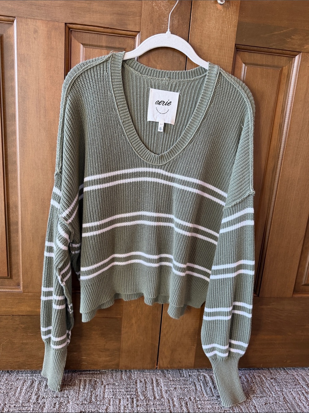aerie Olive Striped V-Neck Sweater